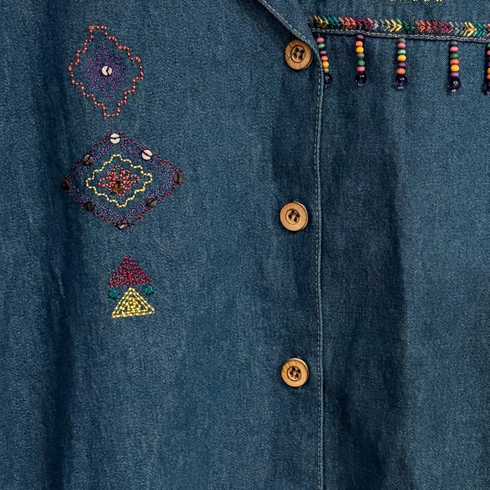 🔴 Koret City Blues Vintage 90s Embroidered Beaded Denim Shirt Art to Wear Large - Picture 5 of 10